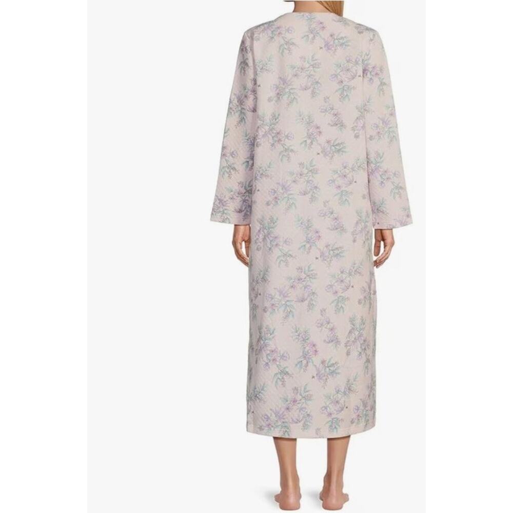 Miss Elaine Quilted Floral Print Long Zipper Robe Pink Lilac Petite Small - Picture 2 of 6